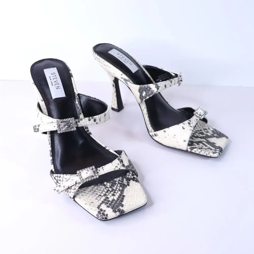 STEVEN Lanie Heeled Sandals Ivory Snakeskin Double Strap Women's 8